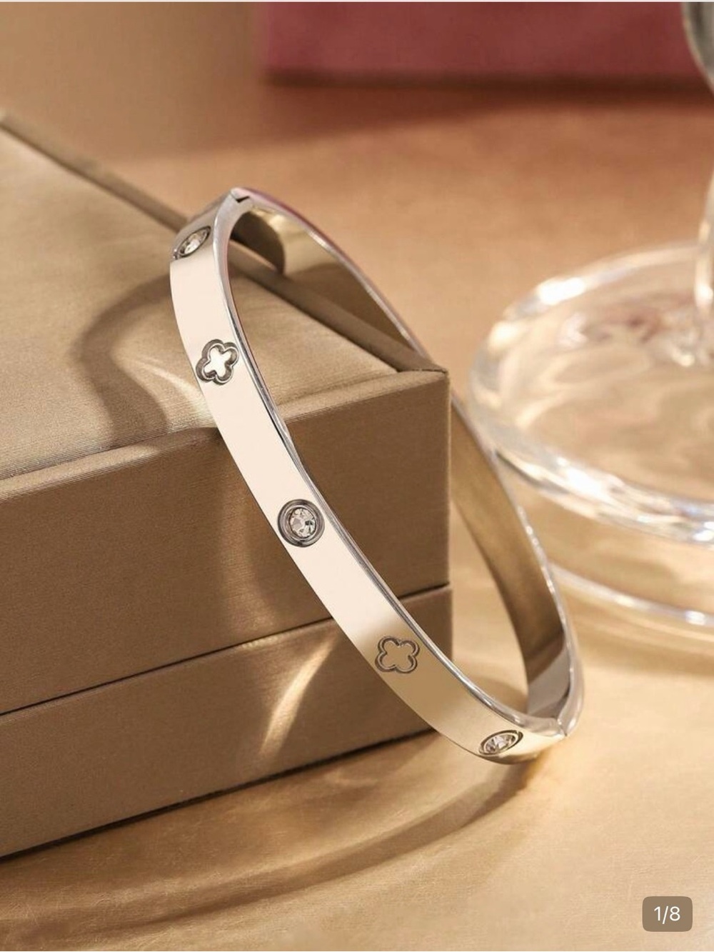 Amazon Essentials Silver stainless steel Clover and Crystal Accent Bangle